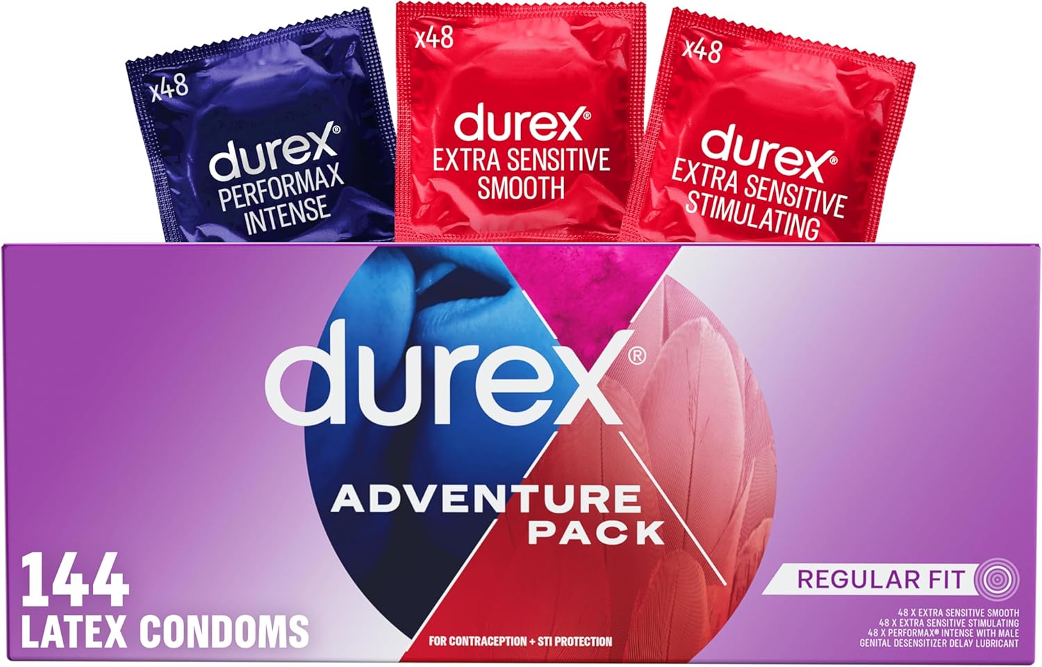 Durex Adventure Pack | Mix of Smooth & Ribbed Condoms | Variety Pack | Regular Fit Latex Condoms (Includes Sensitive, Stimulating, & Intense), 144 ct