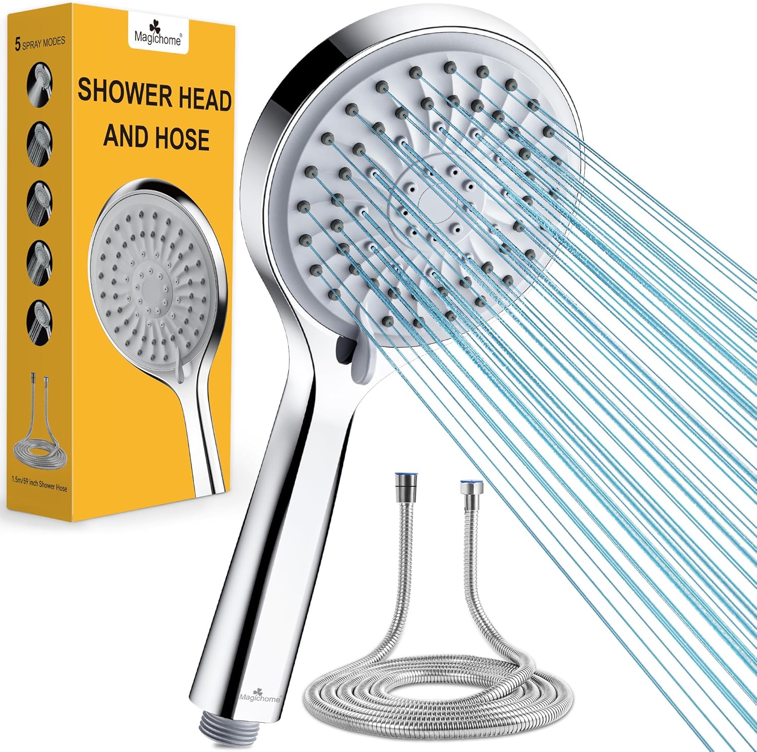 Magichome High Pressure Shower Head and Hose, 5 Spray Modes Shower Head with 1.5m Hose, Large Powerful Flow Handheld Showerhead for Low Water Pressure