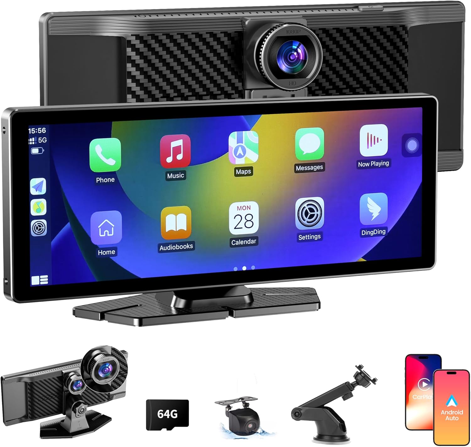 Apple Carplay Andrio Auto,Wireless Carplay Stereo10.26 inch IPS Touch Screen for Car with 4K Dash Cam Front and Rear,1080P Backup Camera,Car Audio Receivers with Bluetooth,FM,Aux,Miracast,Siri