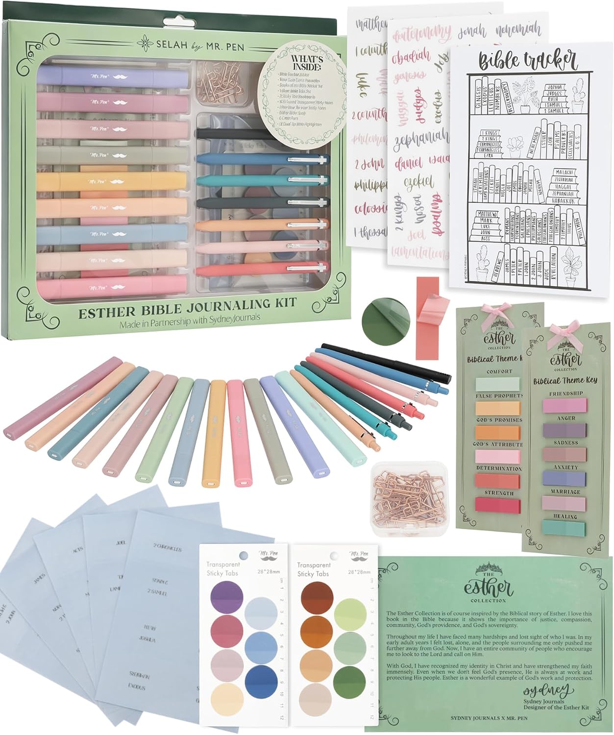 Esther Bible Journaling Kit, Loaded Bible journaling Supplies, Highlighters, Pens, Vellum Bible Tabs, Sticky Notes, Sticker Sheets, Fineliner, Paperclips & Bible Study Guide