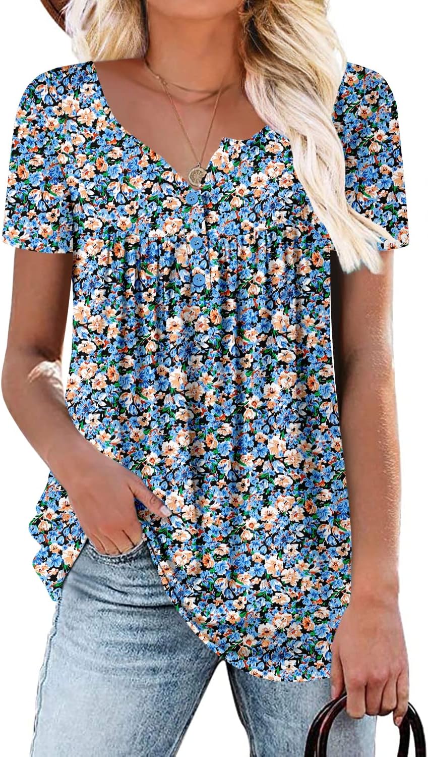 ROSELINLIN Women's Short Sleeve Shirts Floral Summer Tops Loose Fit for Leggings