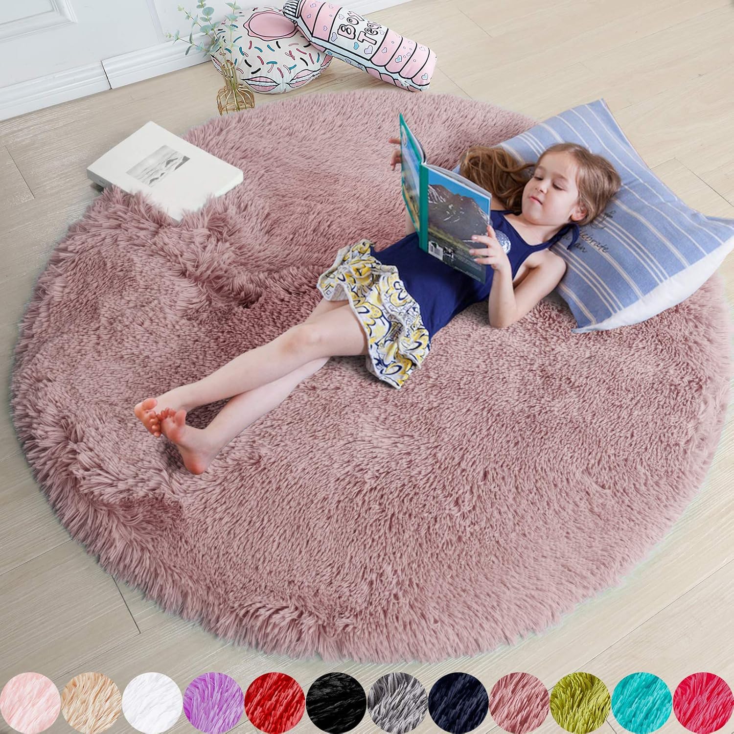 Amdrebio Round Fluffy Rug, 5'X5', Blush, Perfect for Kids Room, Machine Made, Polyester, Rubber, Anti-slip (Rubber Backing), Home Decor, Kids' Room, Gifting