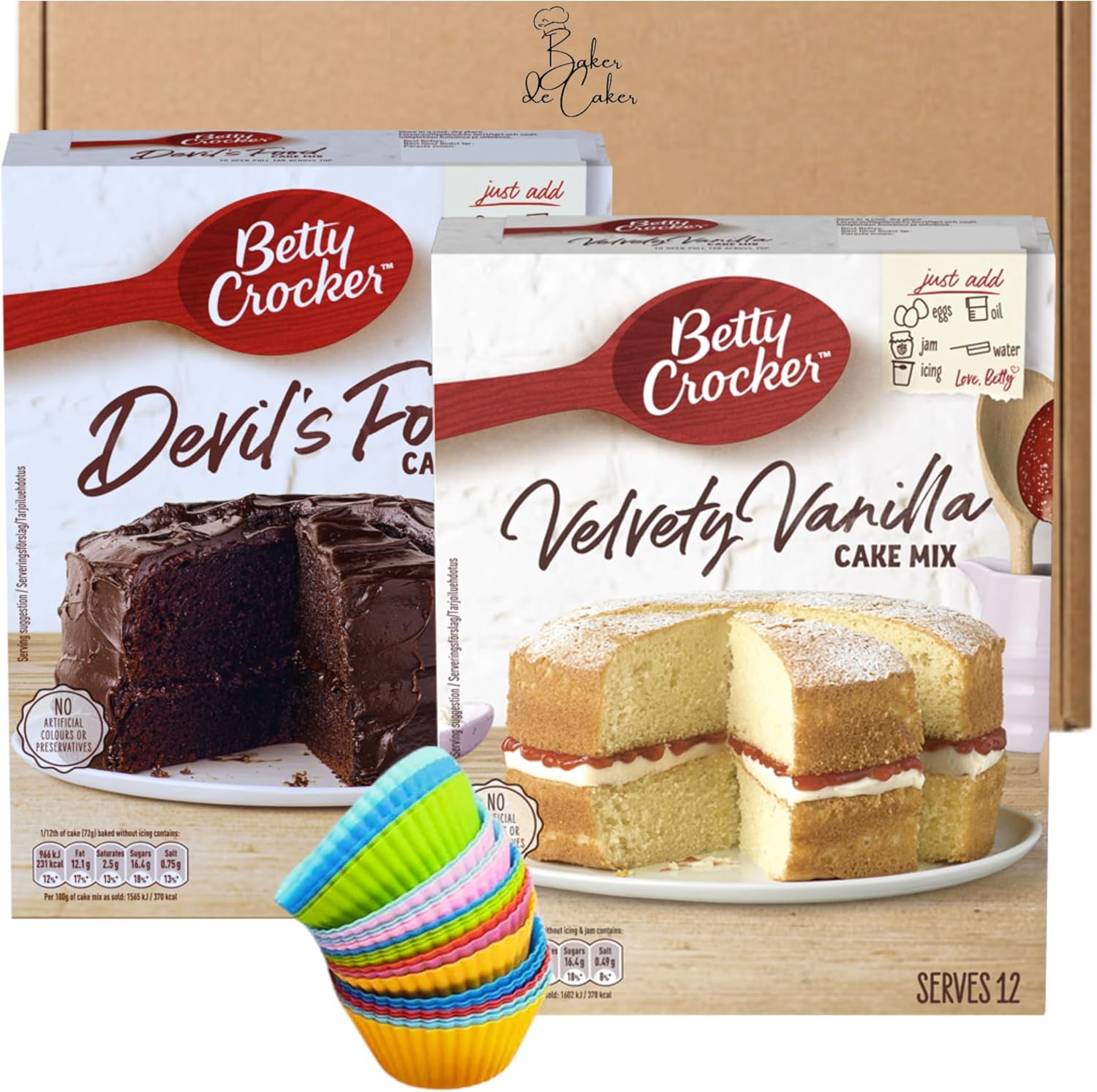 Instant Baking Bundle with Betty Crocker Chocolate & Vanilla Cake Mixes (425g Each) & 24 Silicone Cupcake Moulds