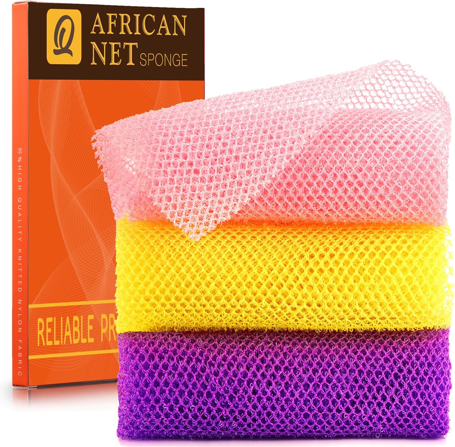 UJFQBH 3 Pieces African Bath Sponge African Net Long Net Bath Sponge Exfoliating Shower Body Scrubber Back Scrubber Skin Smoother,Great for Daily Use (Pink,Yellow,Purple)