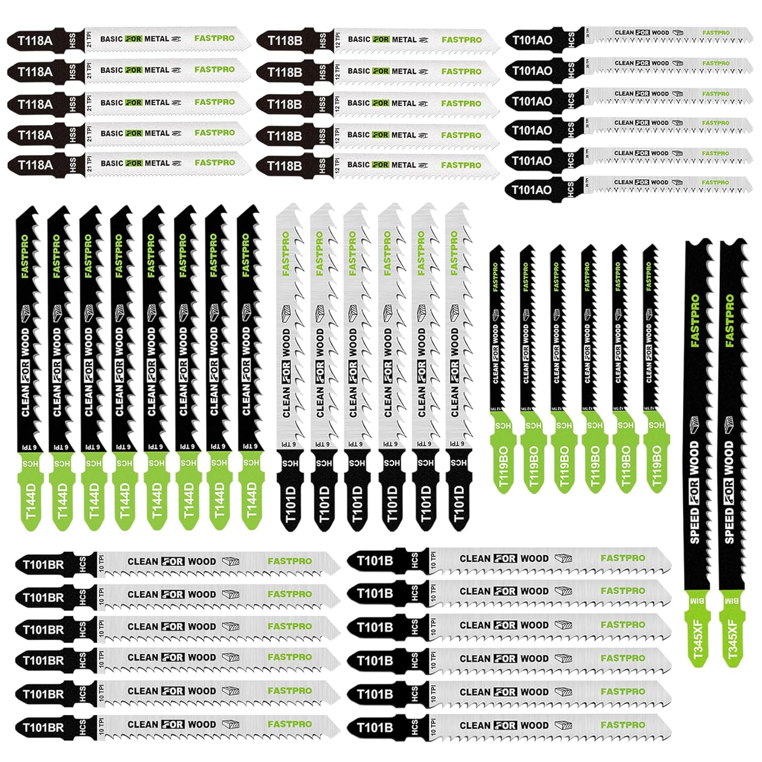 FASTPRO 50-Piece Jigsaw Blades Set with Case, Assorted T-Shank Jig Saw Blades for Wood, Metal and Plastic Cutting