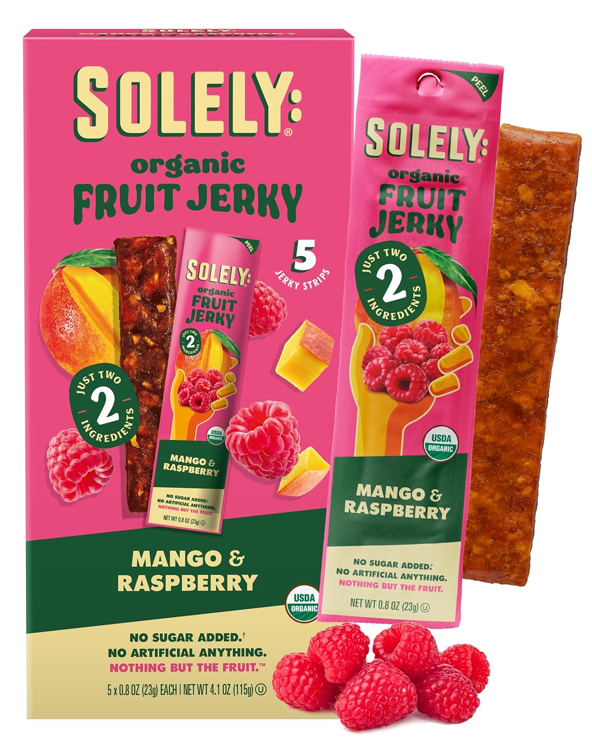 SOLELY - Organic Mango Raspberry Fruit Jerky - 5 Individually Wrapped Fruit Strips - Fruit Leather - Healthy Snacks for Adults & Kids - Non GMO, Vegan Snacks - 0.8oz (23g)