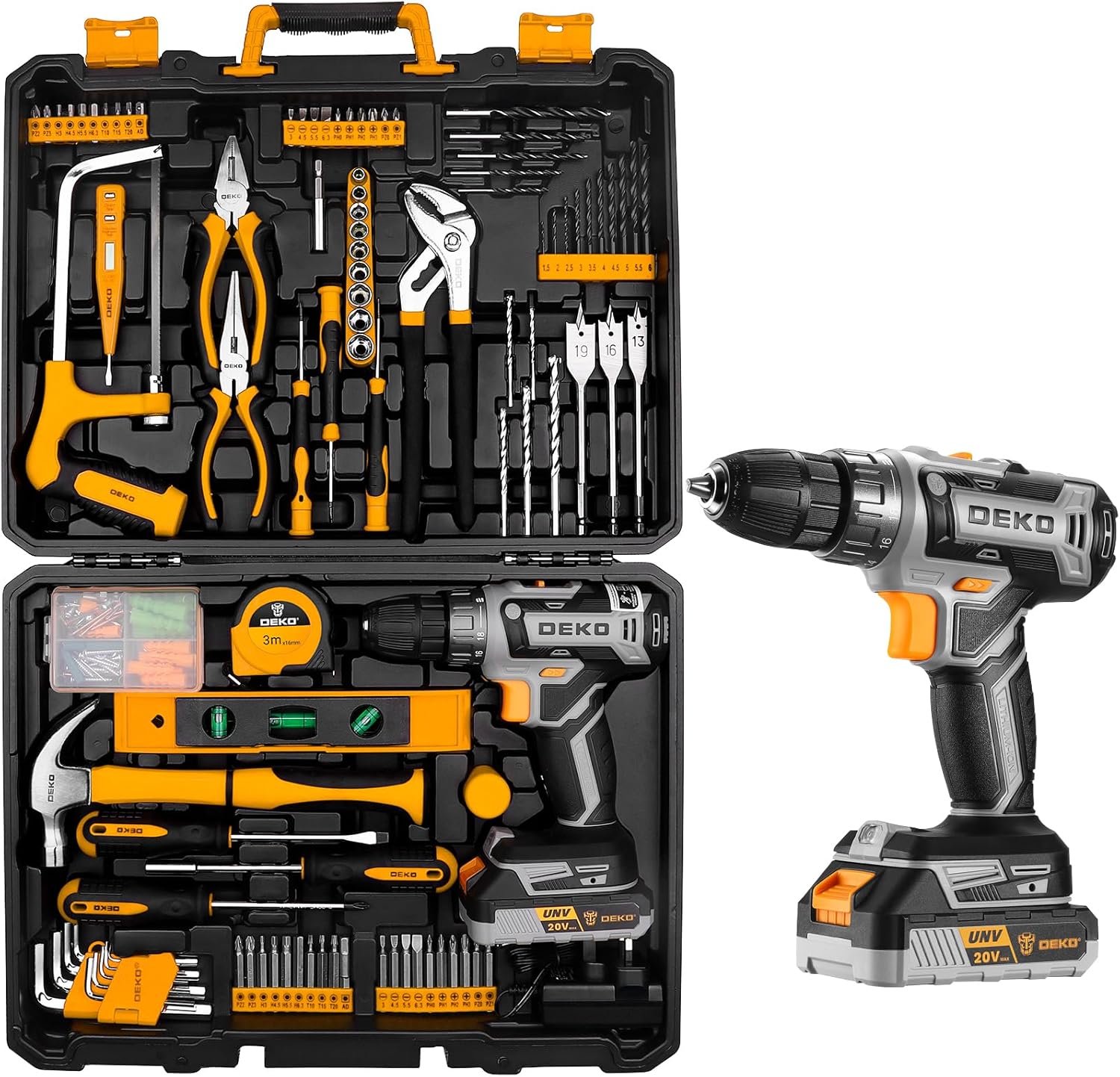 Cordless Drill Tool Kit Set: DEKO 20V Power Drill Tool Box with Battery Electric Drill Driver for Men Home Hand Repair Basic Toolbox Tools Sets Drills Case,186 Pieces