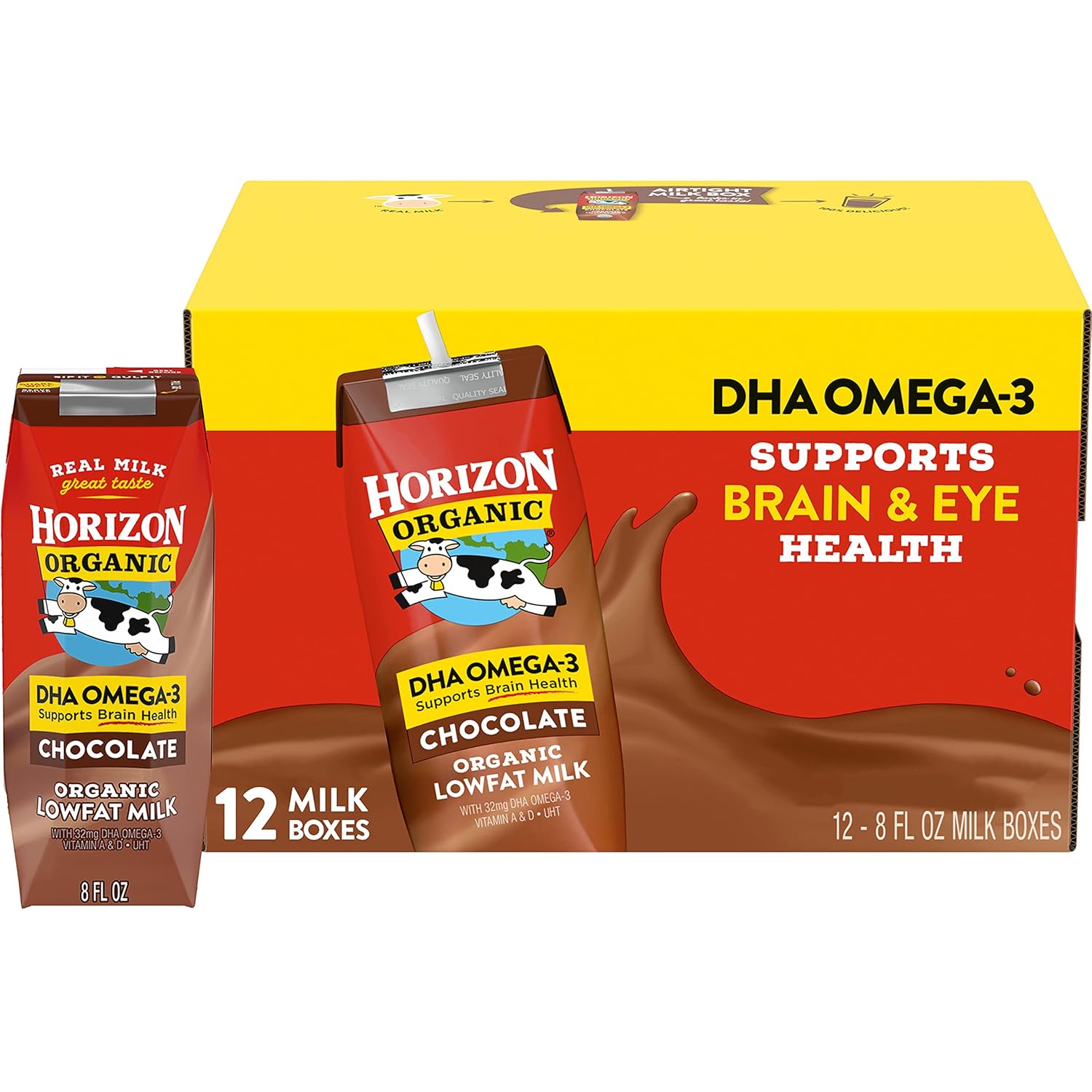 Horizon Organic Shelf-Stable 1% Lowfat Milk Boxes with DHA Omega-3, Chocolate, 8 Fl Oz, Pack of 12