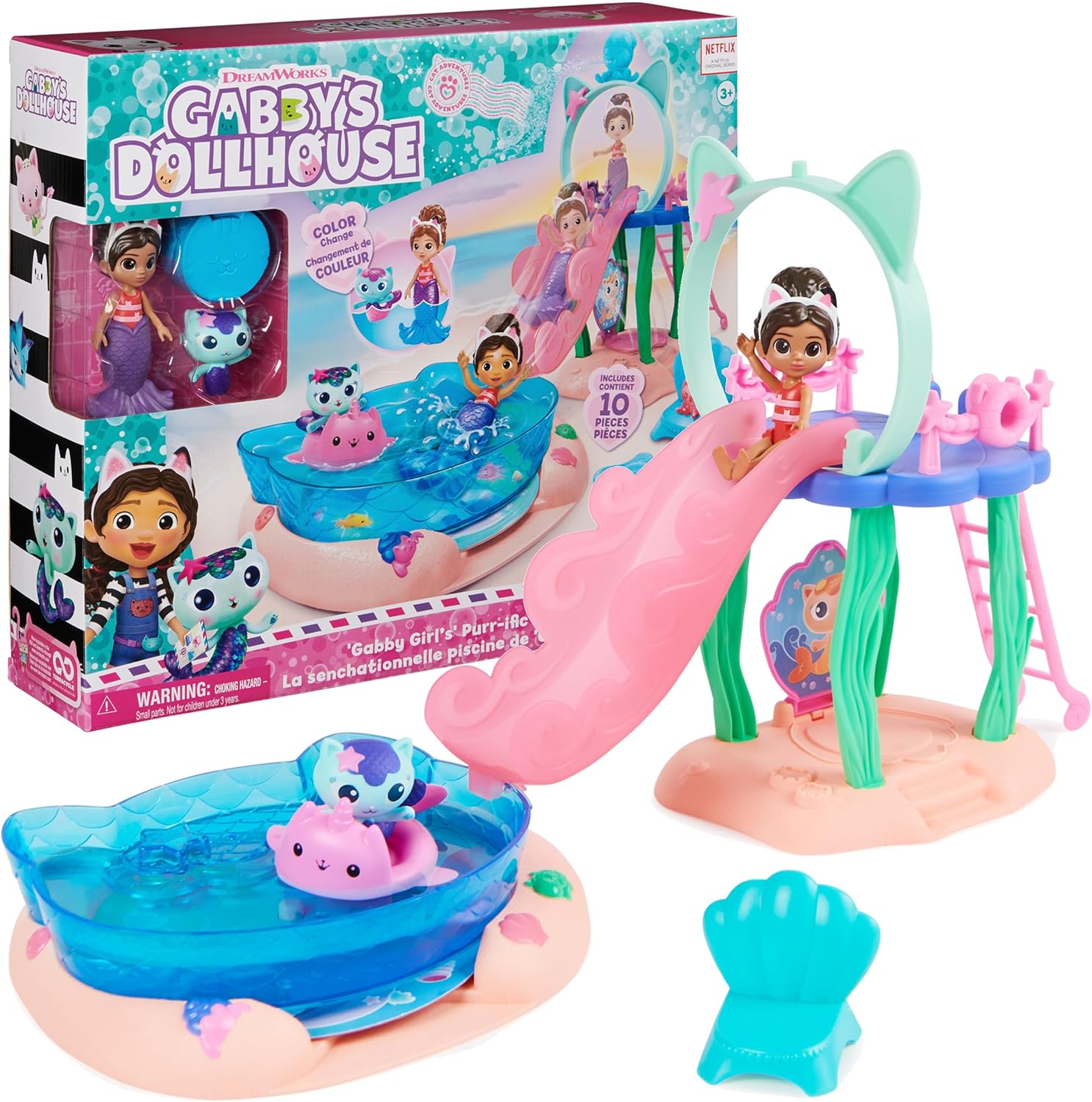 Gabby’s Dollhouse, Purr-ific Pool Playset with Gabby and MerCat Figures, Color-Changing Mermaid Tails and Pool Accessories Kids Toys for Ages 3 and Up