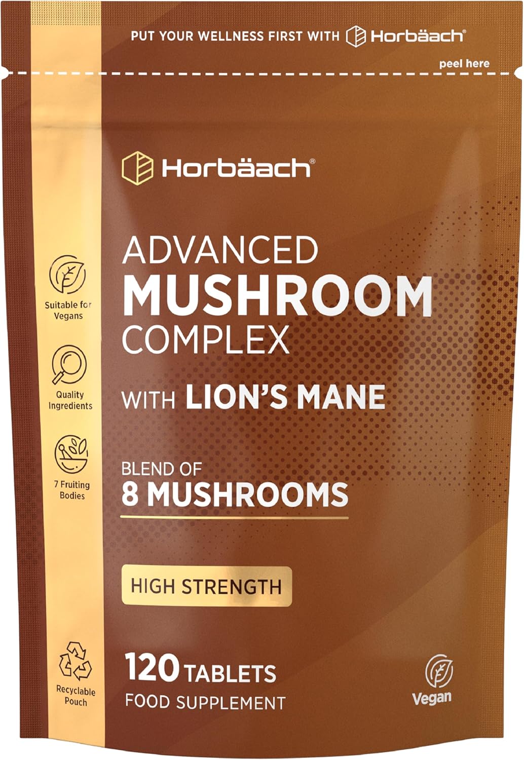 Mushroom Complex 8 1200mg | Lions Mane, Chaga, Cordyceps, Reishi, Shiitake, Maitake, Shaggy Mane & Oyster | High Strength Mushroom Supplement | 120 Powder Tablets | Vegan | by Horbaach