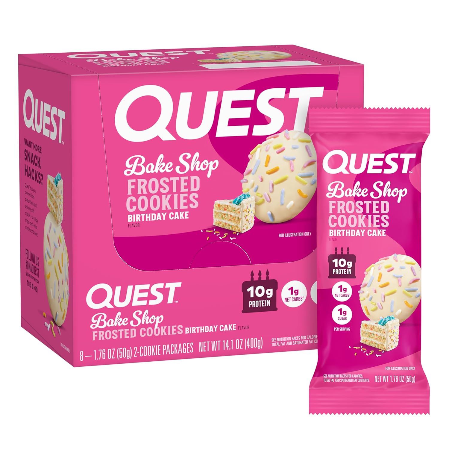 Quest Nutrition Frosted Cookies Twin Pack, Birthday Cake, 1g Sugar, 10g Protein, 1g Net Carbs, Gluten Free, 16 Cookies