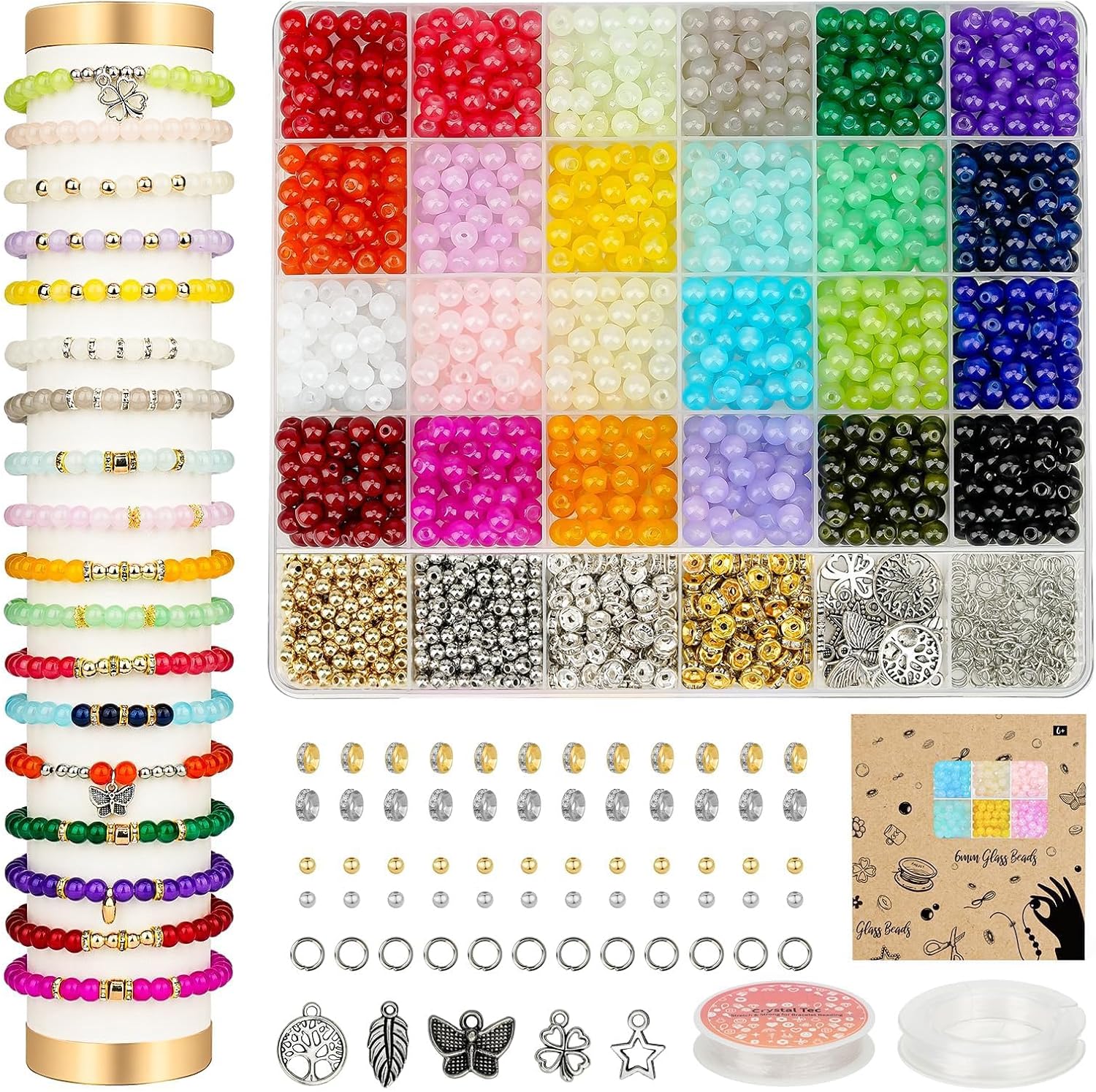 6mm Glass Beads Bracelet Making Kit 1400pcs, 24 Colors Crystal Beads for Jewelry Making Round Beads DIY Crafts with Spacer Beads Charms Accessories