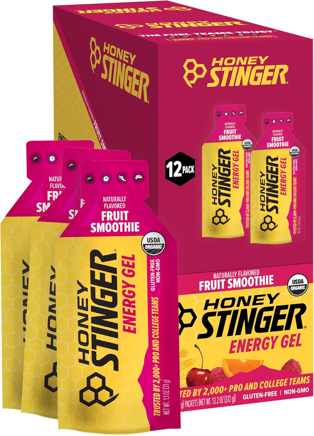 Honey Stinger Organic Fruit Smoothie Energy Gel, Gluten Free & Caffeine Free, for Exercise, Running and Performance, Sports Nutrition for Home & Gym, Pre and Mid Workout, 12 Pack, 13.2 Ounce