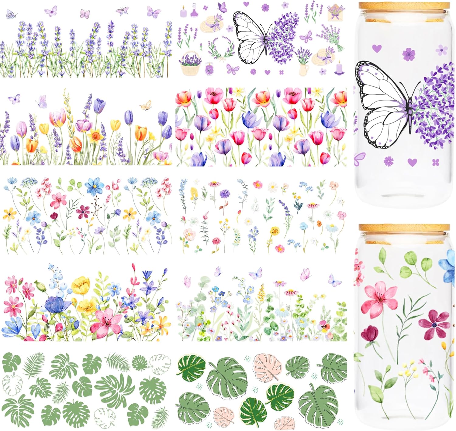 UV DTF Cup Wrap - 10 Sheet Flower UV DTF Cup Sticker for 16 OZ Glass, Tumbler, Tulip, Lavender, Butterfly, Floral, Leaf Design, DIY Gift for Friends, Teacher, Classmate