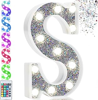 Pooqla Colorful Light Up Letters, Silver LED Marquee Letter Lights Battery Operated,16 Colors Glitter Alphabet Letter Sign Night Lights for Girls Birthday Party Wedding Bedroom Decoration, Letter S