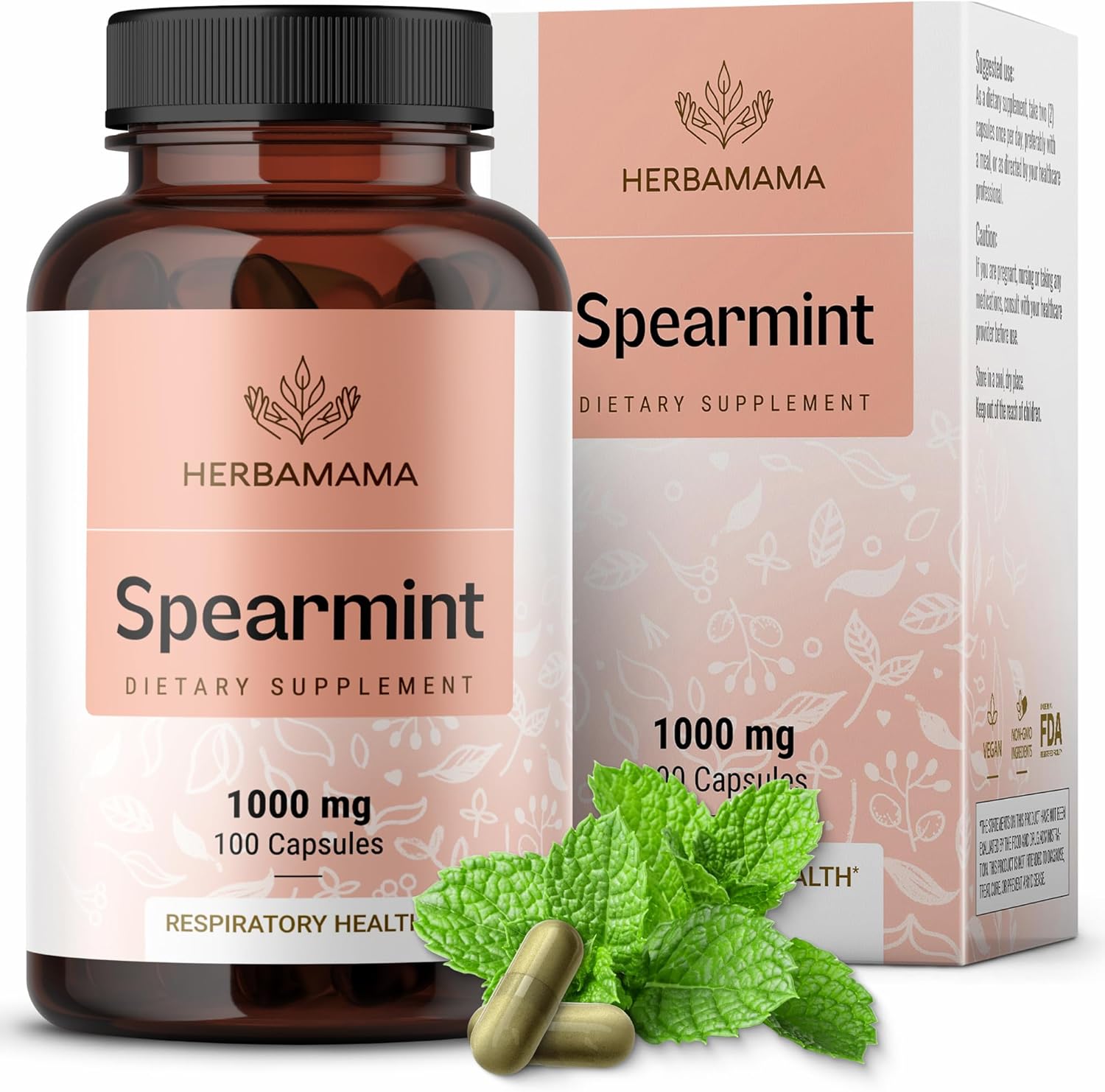 HERBAMAMA Spearmint Leaf Capsules - 1000mg Spearmint Leaves for Gut Cleanse & Digestive Support - Vegan, Non-GMO Mentha Spicata Supplement 100 Caps