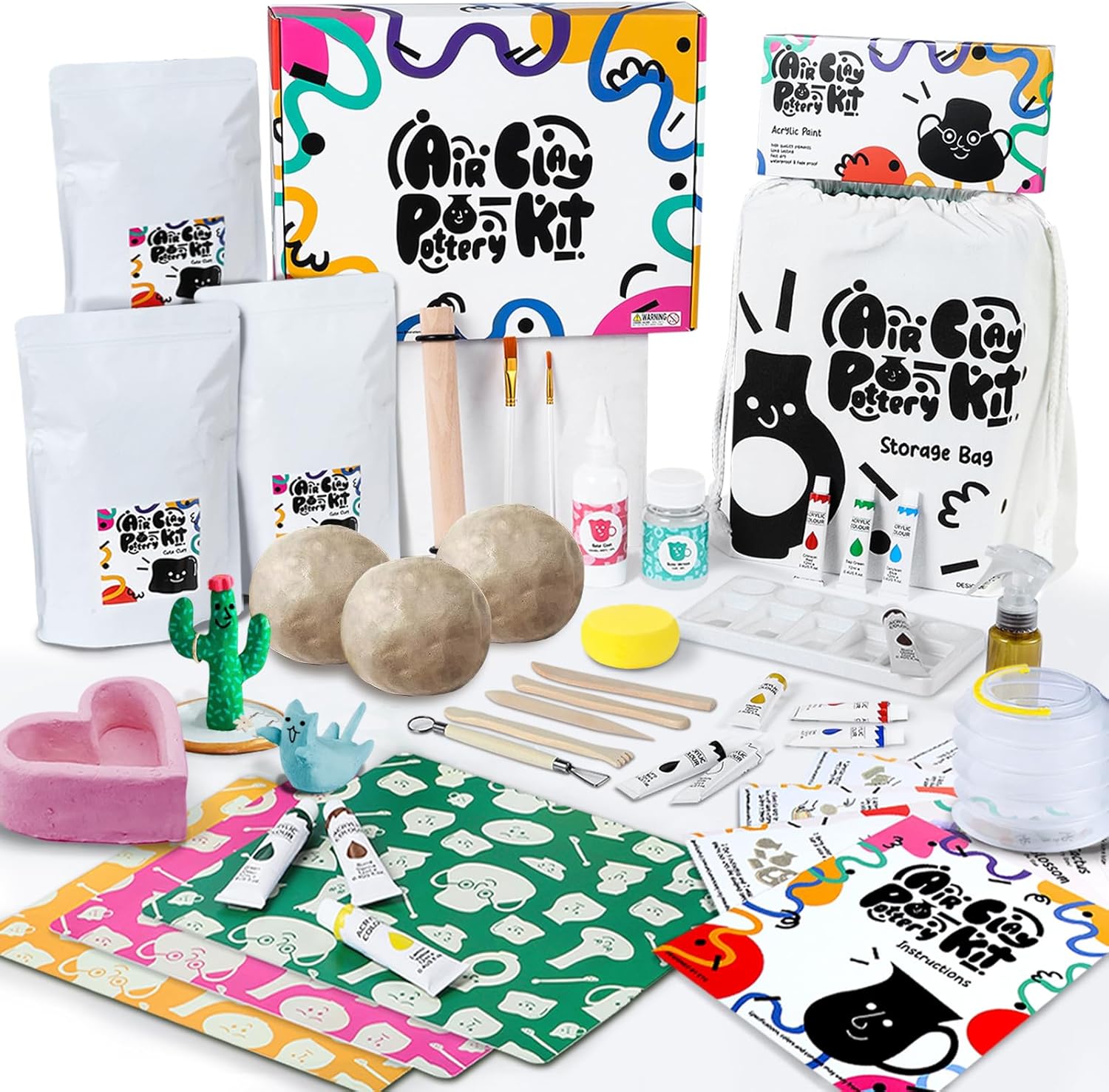 Air Dry DIY Clay Pottery Kit for Beginners & Adults, Sculpting Tools Set & Step-by-Step Guide 12 Paints Paintbrush Varnish Sponge Teen Birthday Gift