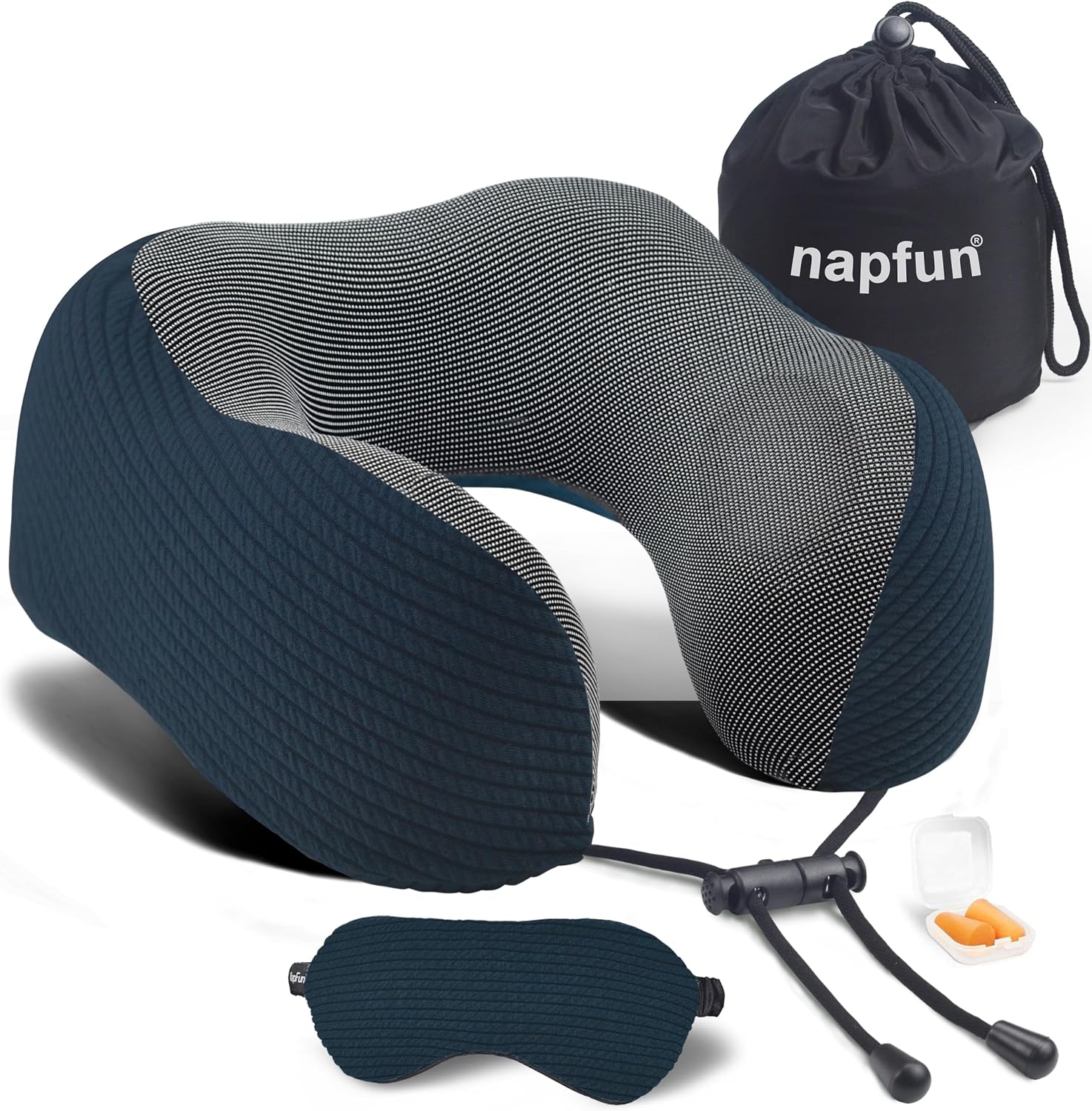 napfun Neck Pillow for Travel with Travel Pouch, Sleep Mask & Earplugs, Memory Foam Airplane Pillow for Headrest Sleep with Eyeshades, Plane Essentials with Eye Blindfold, Deep Blue Striped Kit