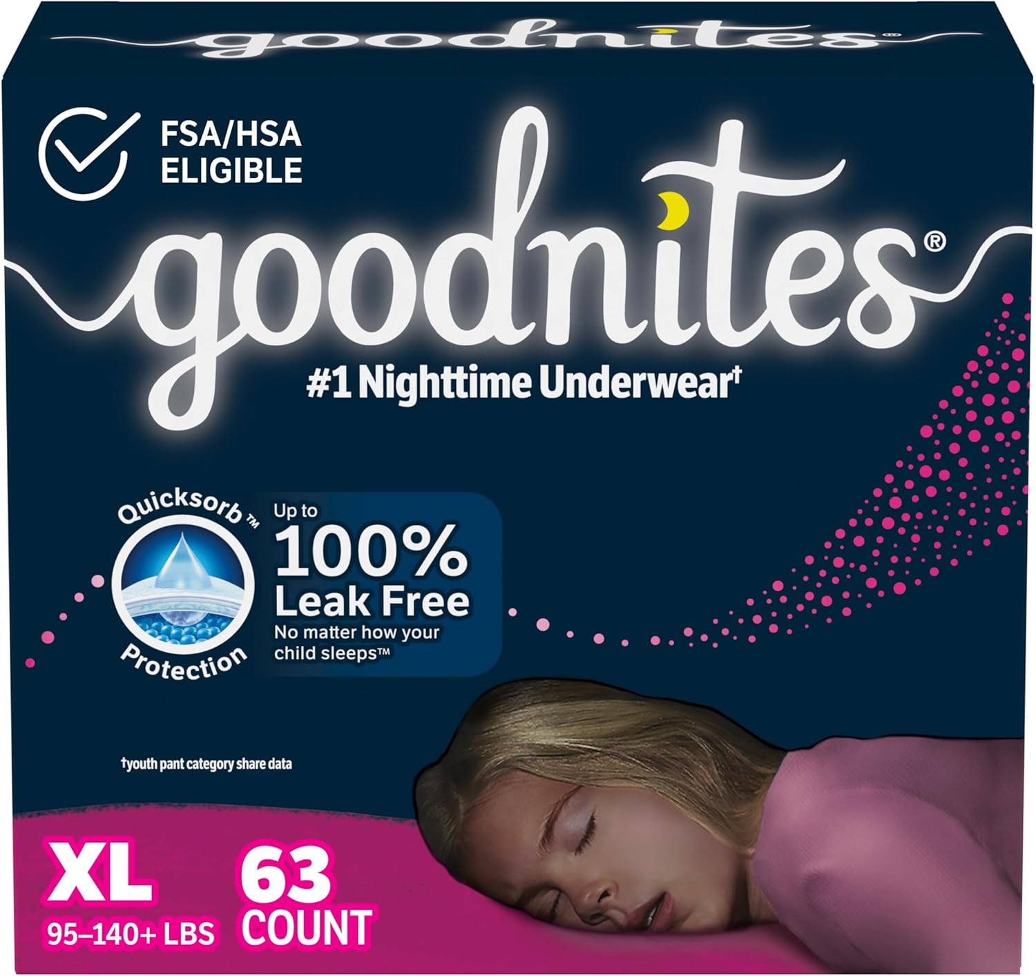 Goodnites Girls' Nighttime Bedwetting Underwear, Size Extra Large (95-140+ lbs), 63 Ct (3 Packs of 21), Packaging May Vary