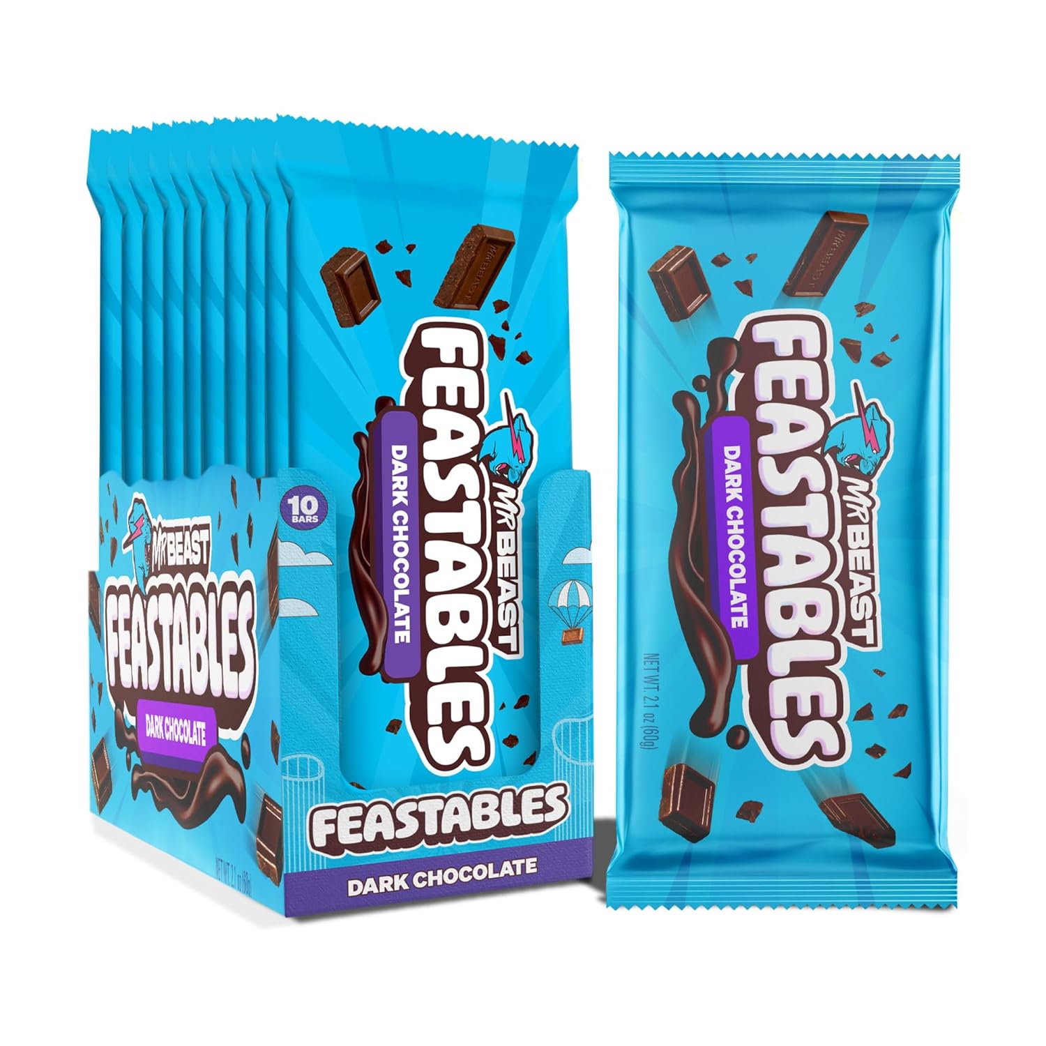 Feastables Original Dark Chocolate KING Size Chocolate Bar, 2.1oz (60g), 10 count