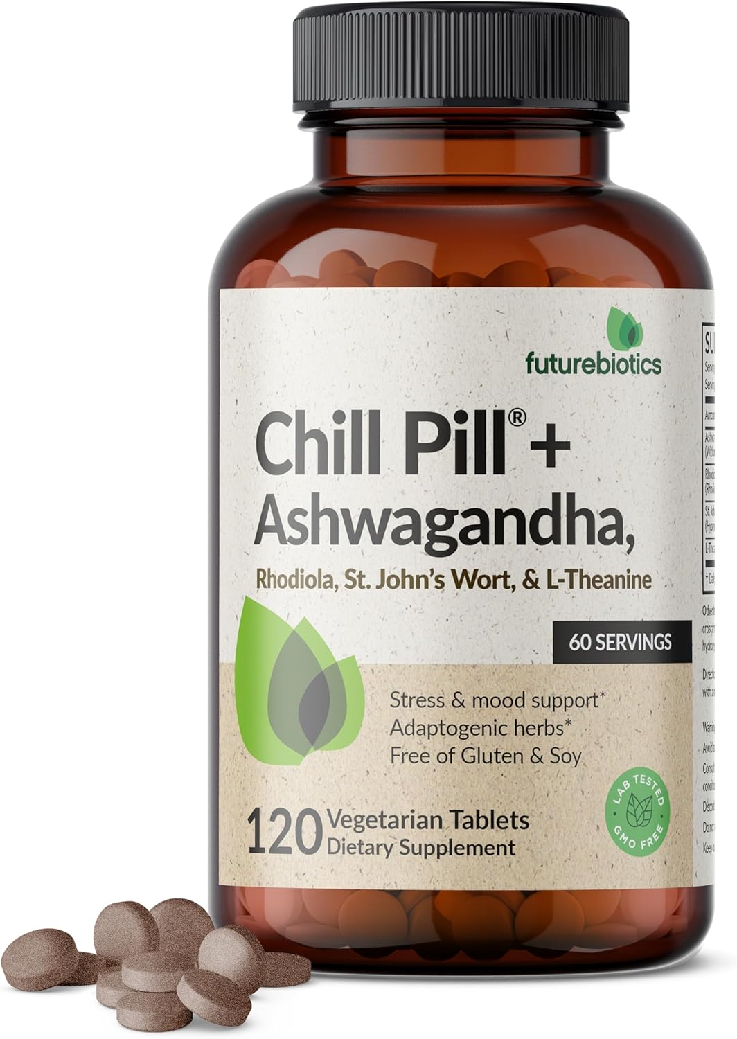 Futurebiotics Chill Pill + Ashwagandha, Rhodiola, St. John’s Wort, & L-Theanine - Non-GMO, 120 Vegetarian Tablets