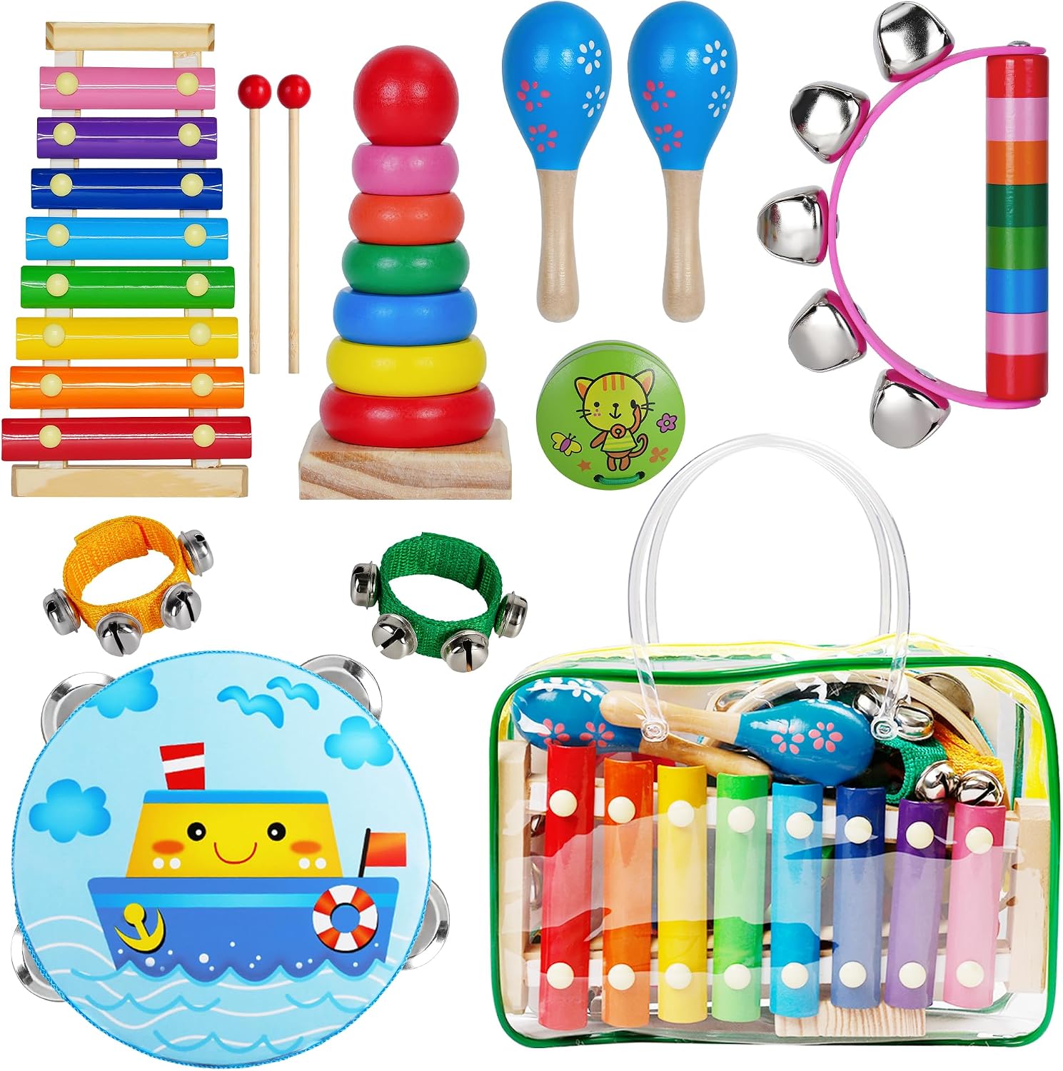 Wooden Musical Instruments Set, Preschool Percussion Instrument Kit,Educational Music Learning Toy Set, Christmas Birthday Gift for Boys and Girls Ages 3 and Up, Includes Xylophone,Bells,Drum