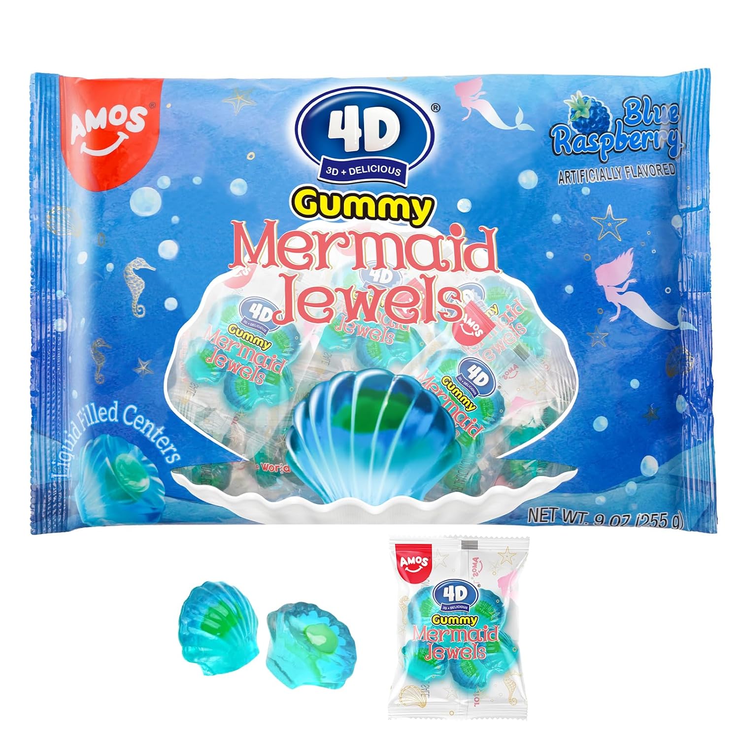 Amos 4D Mermaid Gummy Candy, Blue Raspberry Flavor, Christmas Candy 9oz Individually Share Pack Wrapped Mini Packs, Soft Jelly-Filled Seashell Treats for Girls' Mermaid Parties