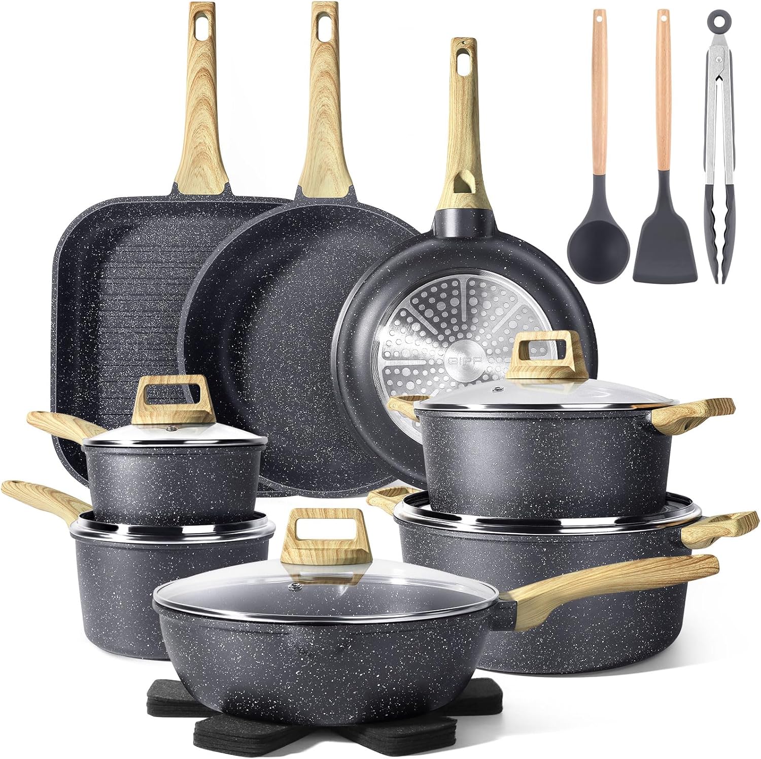 GiPP 21Psc Pots and Pans Set Non Stick - Grey Granite Kitchen Cookware Sets Nonstick Induction Cookware Non-toxic Cooking Pan Set with Silicone Utensils, PFOS and PFOA Free