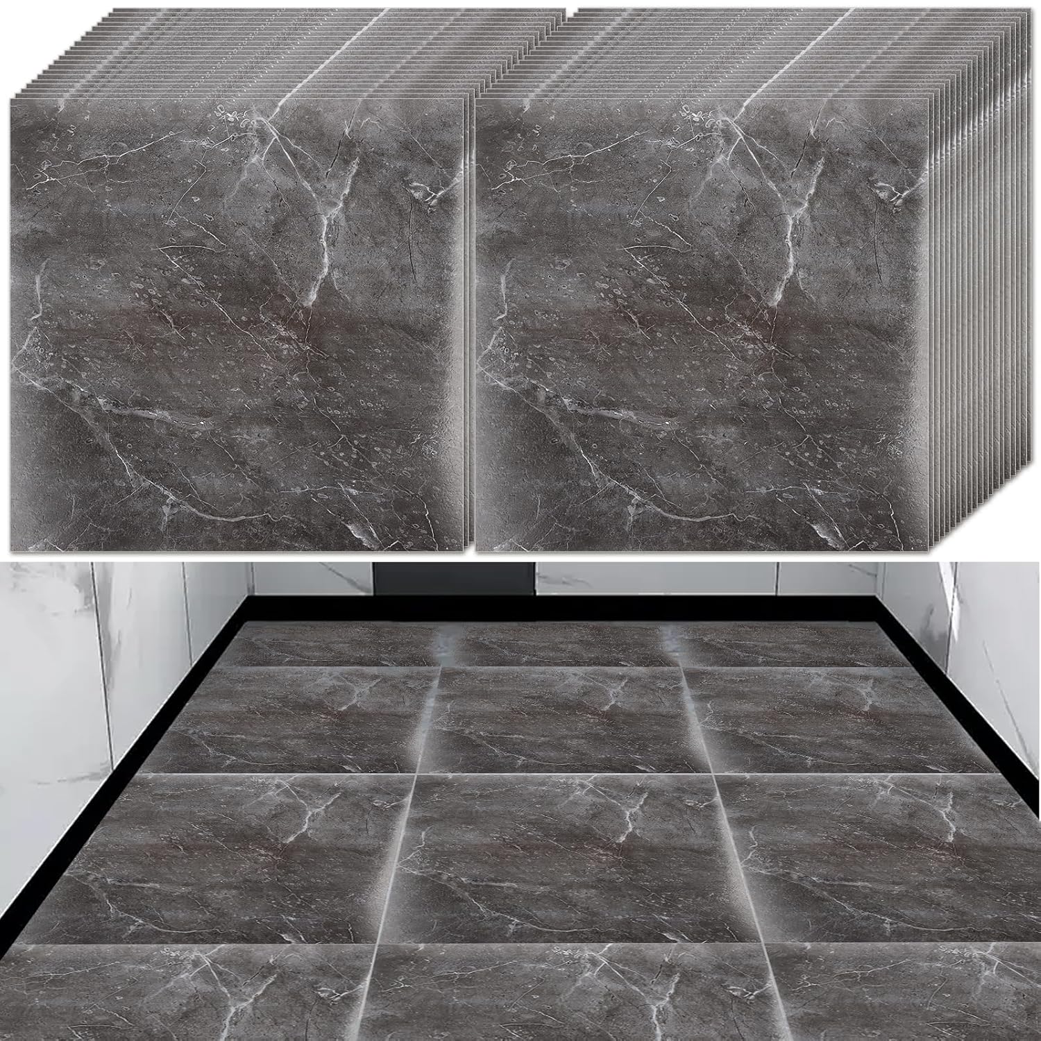 YAYODS 40 Pack Self Adhesive Vinyl Flooring, 30x30cm Waterproof Grey & Black Marble Texture Effect Flooring Tiles, Peel and Stick Floor Tile for Kitchen Bathroom Living Room and Floor Planks