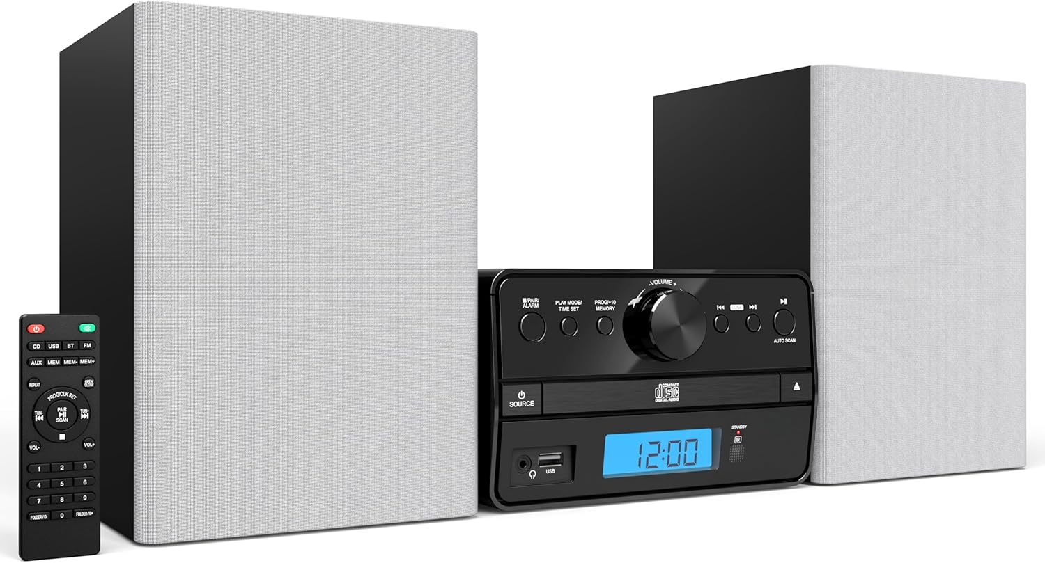 Philco Stereo Shelf Systems Tray Loading CD Player with Digital FM Radio, Bluetooth Streaming, Remote Control in Silver | LCD Display | 3.5mm Headphone Jack | MP3 & AUX Port Compatible | USB Input