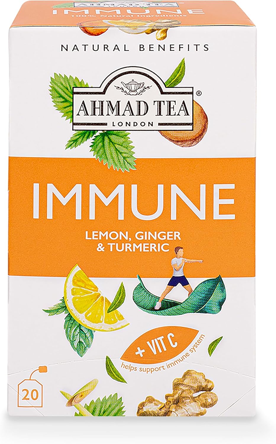 Ahmad Tea Natural Benefit Tea | Lemon, Ginger & Turmeric "Immune" Infusion | 20 Teabag Sachets | 1 Pack