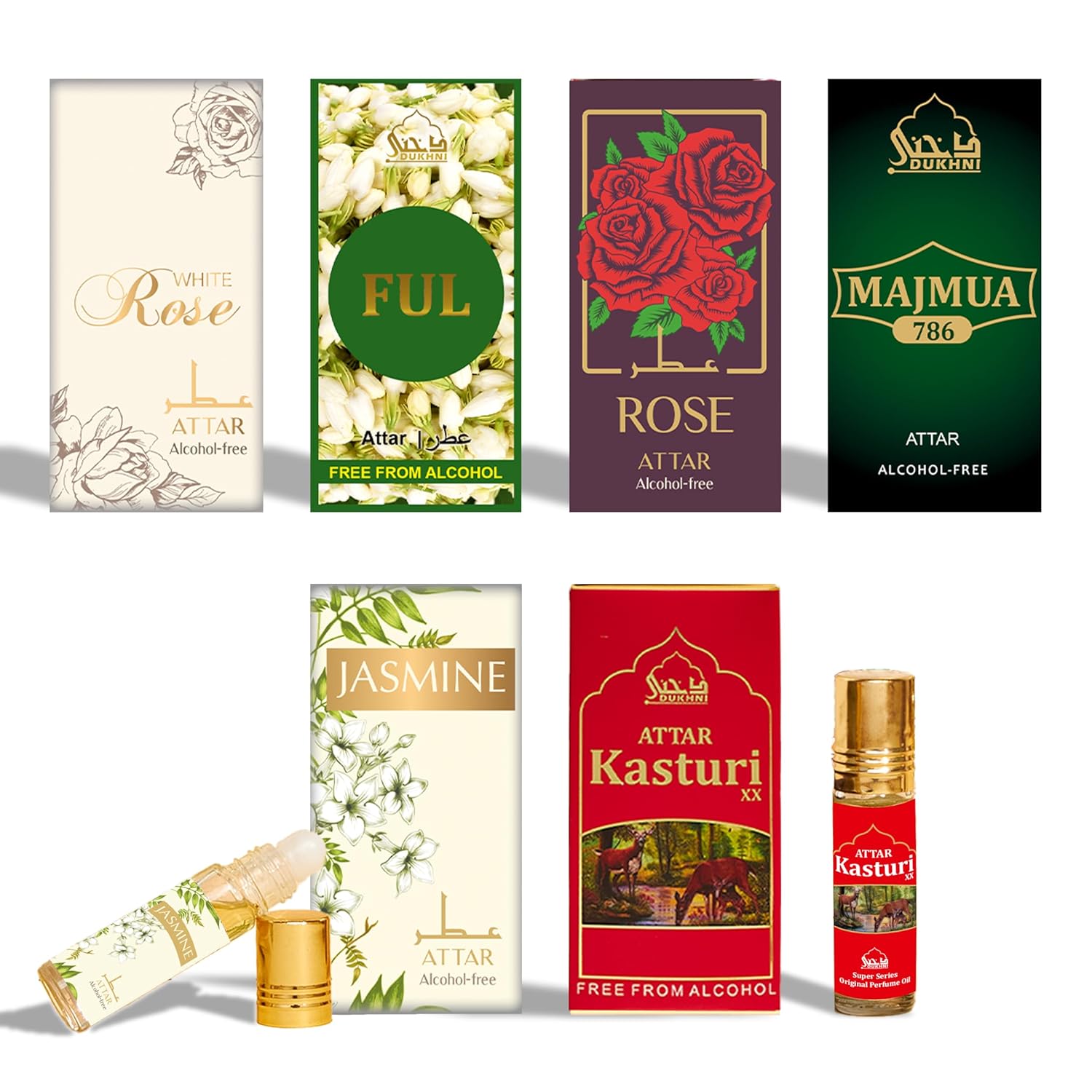 Dukhni Floral Attar Oil Set | Authentic Arabian Perfume Oils | Alcohol-Free Halal Ittar Blends | Majmua 786, Jasmine, Rose, White Rose, Kasturi XX, Attar Ful - 6ml each