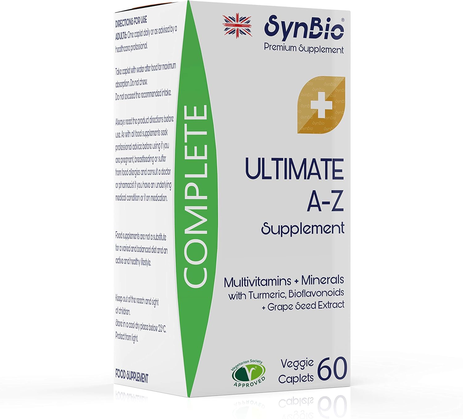 SynBio Premium+ - Ultimate A-Z Multivitamins | 60 Caplets | Vegetarian Certified - Nut Free - Vegetarian Society Approved - SOYA Free - Dairy Free - Essential Multivitamin + Minerals