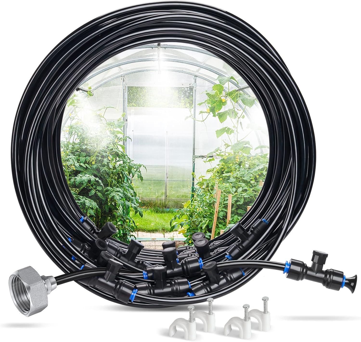 HIRALIY Misters for Outside Patio 65.5FT (20M) Misting Line + 21 Misting Nozzles + Brass Adapter(3/4"), Water Mister for Outside Patio Cooling, Garden Watering