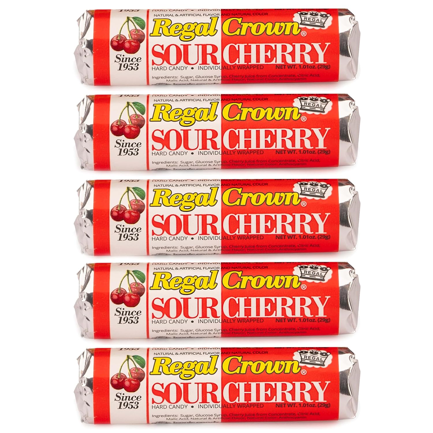 Regal Crown Roll Sour Cherry, 1.01 Ounce (Pack of 5), Sour Candy, The Hampton Candy Company