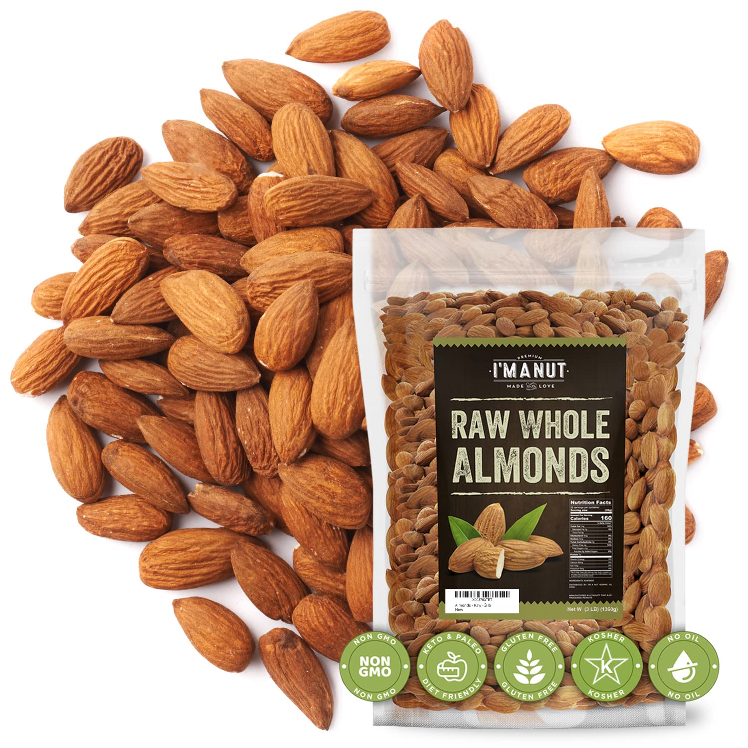 Raw Almond 48 oz (3 lb) | Natural | Whole | Batch Tested Gluten & Peanut Free | No PPO | Non-GMO | No Herbicide | Healthy Protein boost | Premium Quality | Try the difference!!