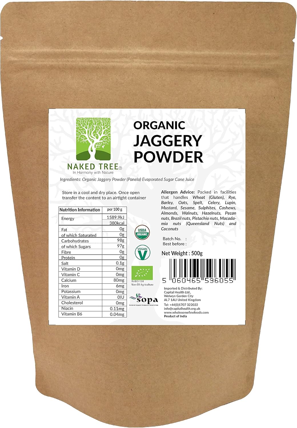 Naked Tree Organic Jaggery (Panela/Gor) Powder 500gm