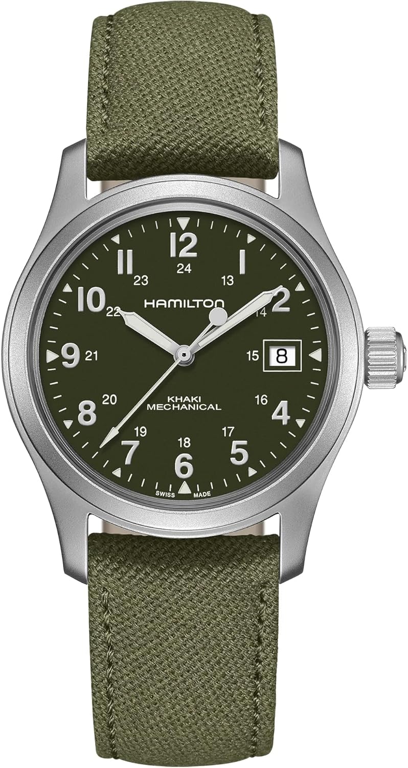 Hamilton Watch Khaki Field Mechanical | Swiss Made | 38mm Stainless Steel Case | Green Dial Analog Watch | Green Canvas Strap (Model: H69439363)