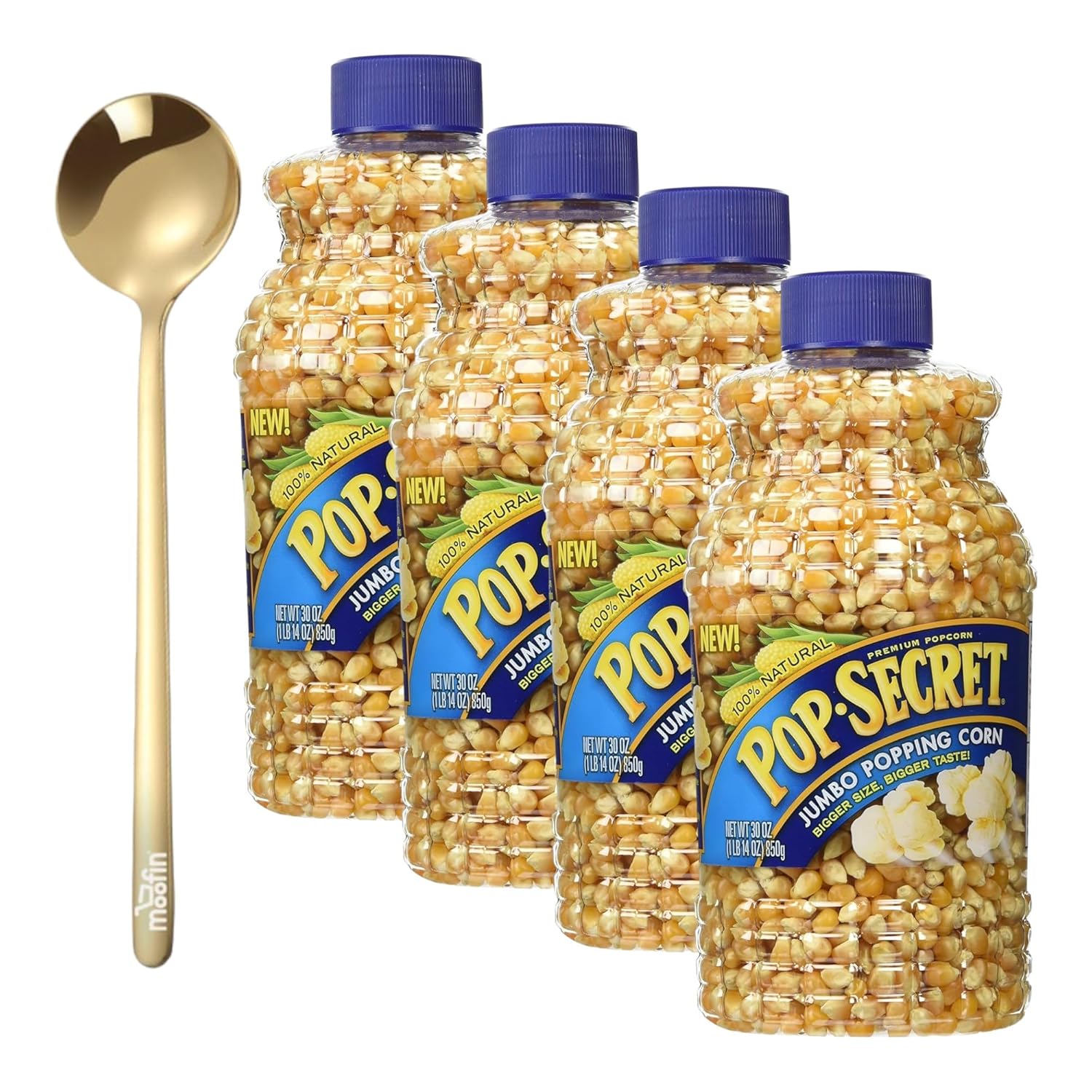 Popcorn Kernels, Premium Jumbo Popping Corn, 30 oz Natural Unpopped Popcorn, Bundle with Moofin Golden Spoon High Volume Yield, Ideal for Custom Seasoning [Pack of 4]