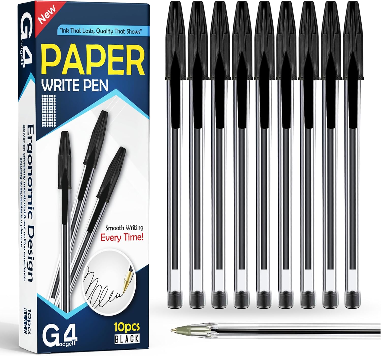 G4GADGET Premium Pack of 10 Black Biro Ballpoint Pens - Medium Tip for Fluent, Smooth Writing - Professional Quality Pens for Home, Office, and School Use - Long-Lasting Ink and Ergonomic Design