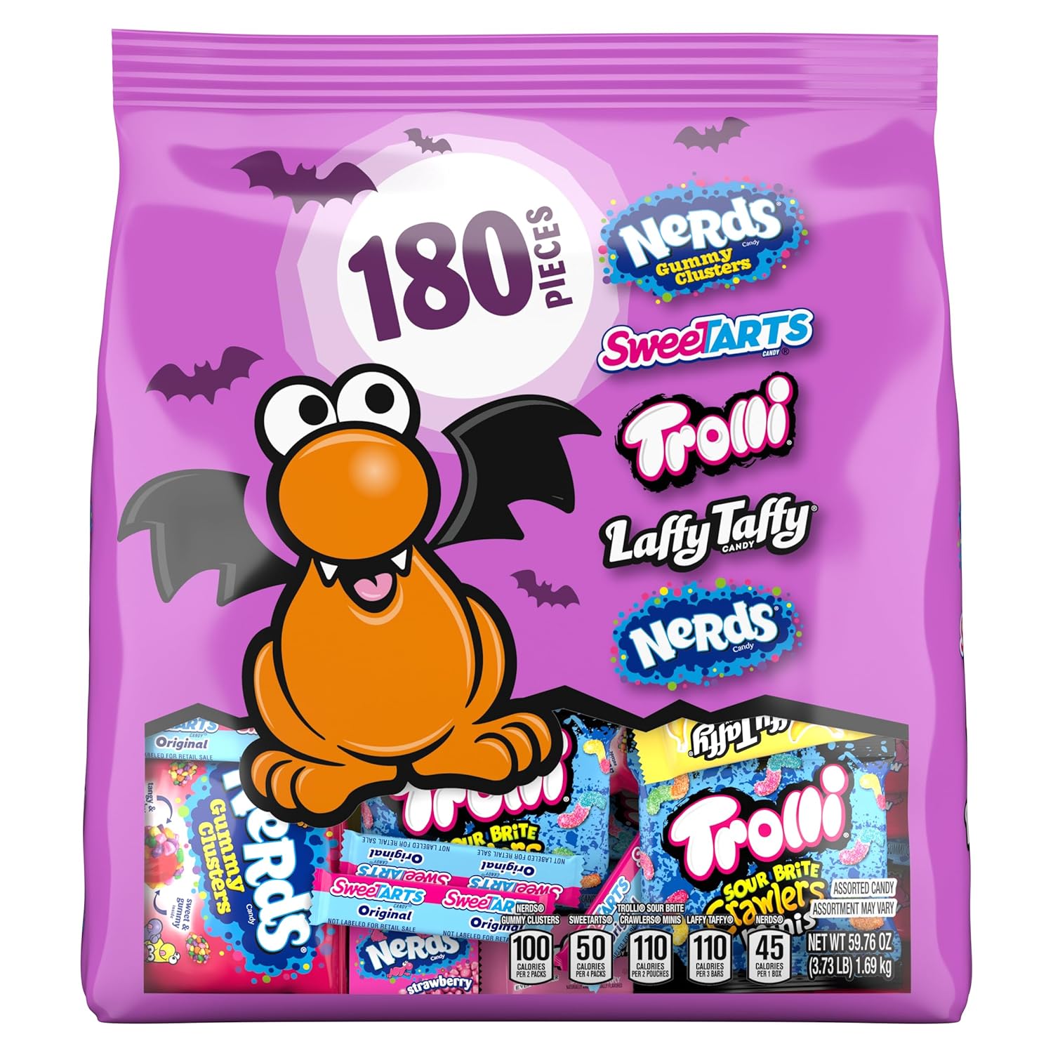 Nerd's Core Winners Halloween Trick-or-Treat Variety Bag, Nerds Gummy Clusters, Sweetarts, Trolli, Laffy Taffy, and Nerds Original, 180 Pieces, 59.76 Ounces