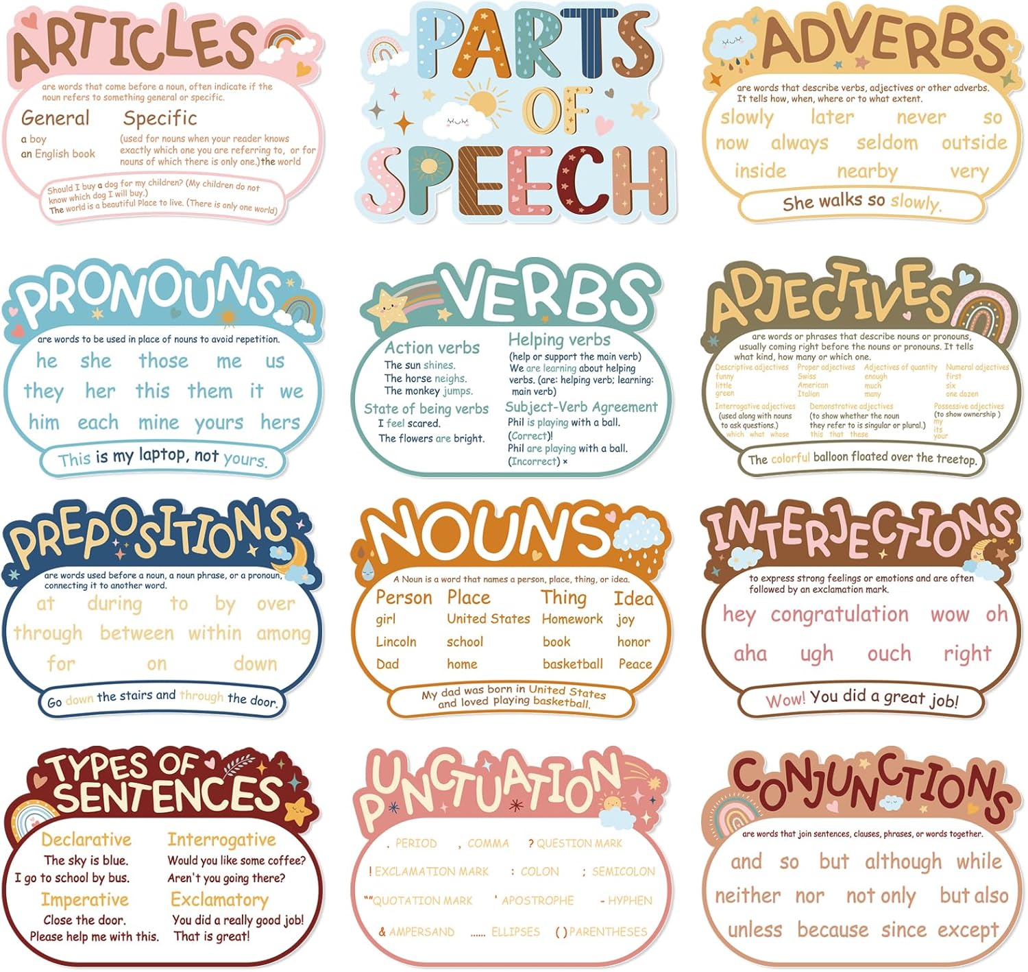 12Pcs Parts of Speech Posters Grammar Poster Educational Grammar Cutouts Bulletin Board Set English Grammar Chart Language Art Bulletin Board Decor (Boho)