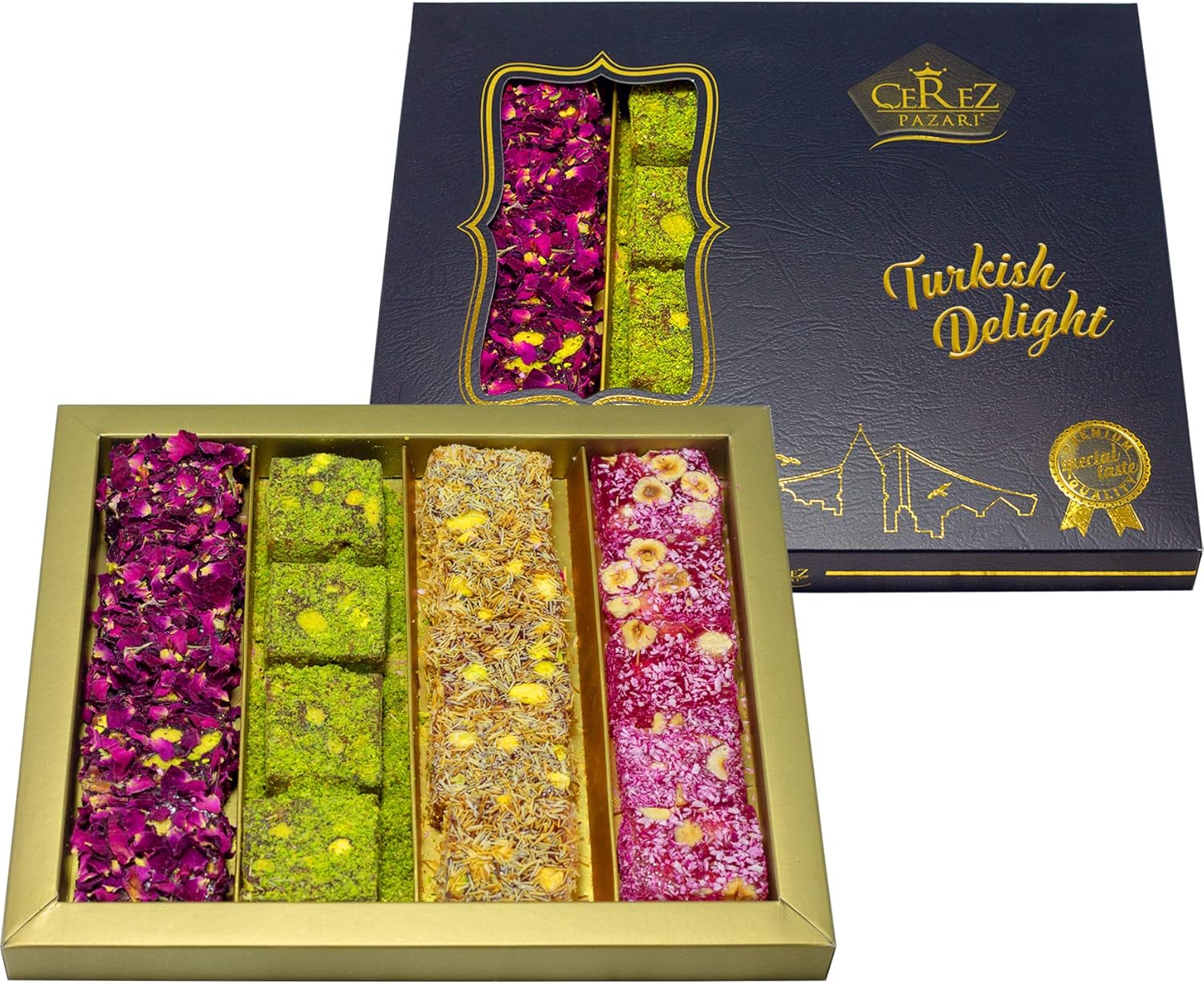 Cerez Pazari Turkish Delight Pistachio and Hazelnut with Fantastic Rose & Pomegranate Flavour Experience in Luxury Large Gift Box 500g | Assorted Gourmet, Sweet Vegan Traditional Lokum (16-20 Pcs)