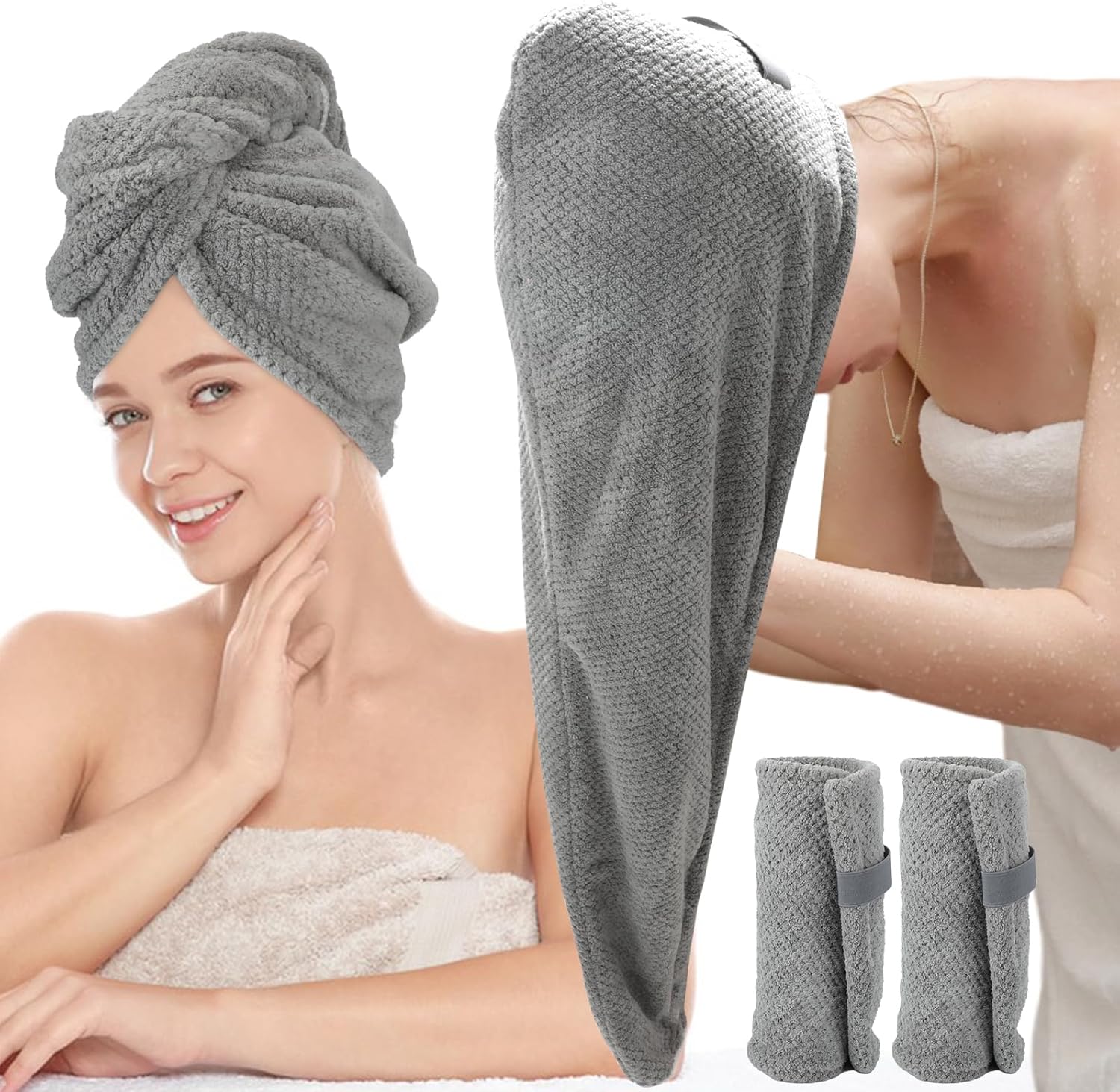 2-Pack Large Microfibre Hair Towel Wrap for Long Curly Hair, 86x26cm Super Absorbent Quick Drying Hair Turban with Elastic Straps for Women, Anti-Frizz Hair Drying Towel, Grey