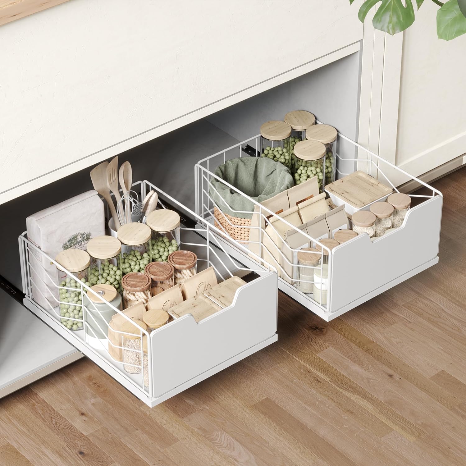 NETEL 2-Pack Pull Out Cabinet Organizer, No Drill Slide Out Drawers for Kitchen Cabinets,Pull out cabinet sliding baske, kitchen storage & organisation,30CM W X 40CM D X 17.5CM H,White