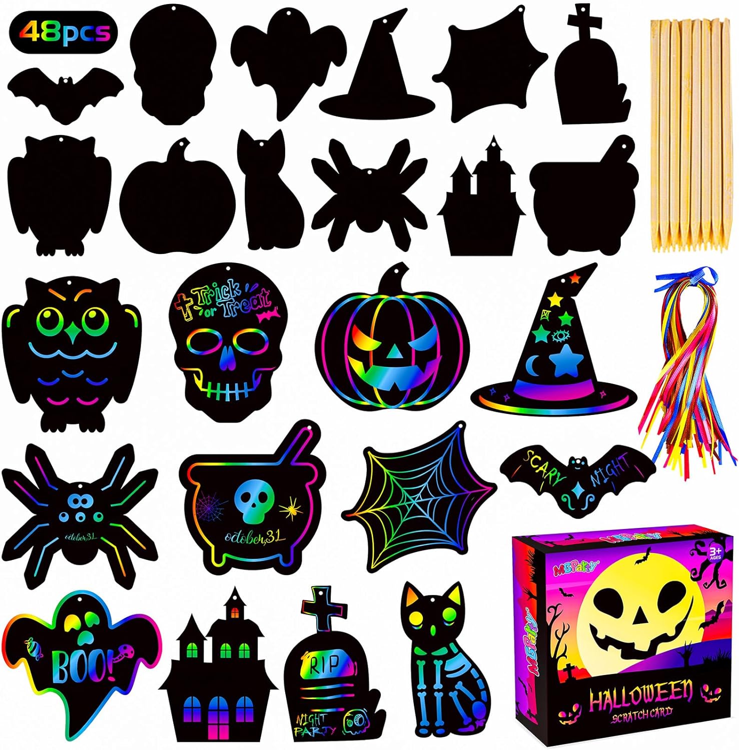 MGparty Scratch Paper Craft for Kids - 48 Pcs Halloween Magic Rainbow Scratch Paper Off Cards Set for Kids Crafts Arts Supplies Halloween Ornaments Party Games Halloween Birthday Gifts