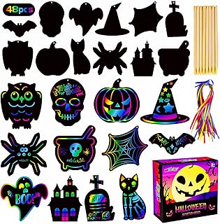 MGparty Scratch Paper Craft for Kids - 48 Pcs Halloween Magic Rainbow Scratch Paper Off Cards Set for Kids Crafts Arts Supplies Halloween Ornaments Party Games Halloween Birthday Gifts