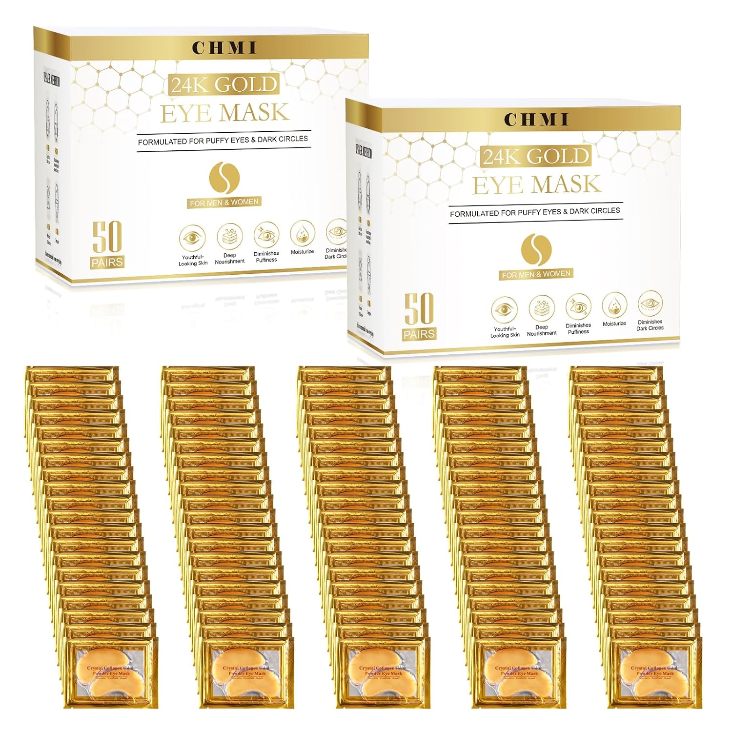 CHMI 24K Gold Under Eye Patches 100 Pairs Collagen, Dark Circles, Wrinkles