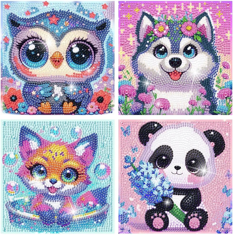 4 Pack Diamond Art Kits for Kids, Cartoon Animals Diamond Painting Kits for Kids Beginners, Kids' Mosaic Kits DIY Full Drill Diamond Dots Painting Picture Arts Craft for Home Wall Decor 6x6 Inch