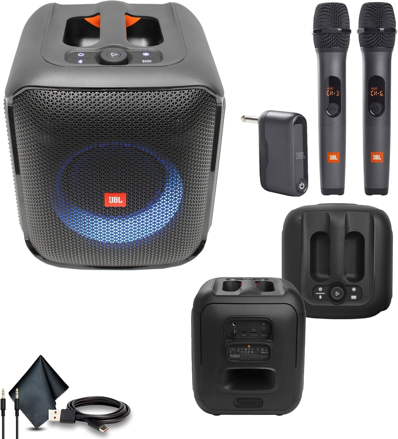 JBL Partybox Encore Essential, 100W Sound, Built-in Dynamic Light Show, and Splash Proof Design (JBLPBENCOREESSAM) + Wireless Two Microphone System with Receiver + AUX Cable + USB-C Cable + More